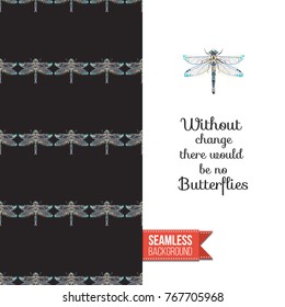Greeting card with fashion embroidery or rhinestones insects. Decorated by black vector seamless pattern background with embroidered insects. Inscription: without change there would be no butterflies.