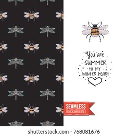 Greeting card with fashion embroidery or rhinestones insects. Decorated by black vector seamless pattern background with embroidered insects. Inscription: you are summer to my winter heart.