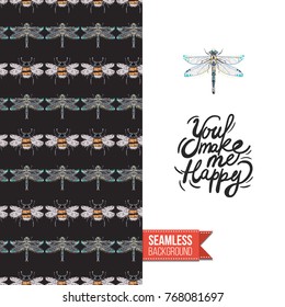 Greeting card with fashion embroidery or rhinestones insects. Decorated by black vector seamless pattern background with embroidered insects. Inscription: you make me happy.