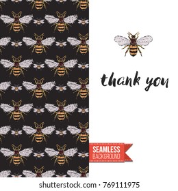 Greeting card with fashion embroidery or rhinestones insects. Decorated by black vector seamless pattern background with embroidered insects. Inscription: thank you.