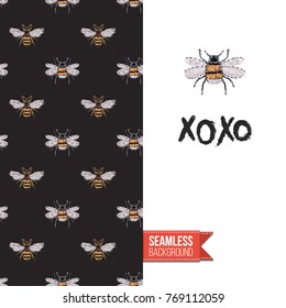 Greeting card with fashion embroidery or rhinestones insects. Decorated by black vector seamless pattern background with embroidered insects. Inscription: xoxo.