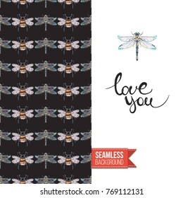 Greeting card with fashion embroidery or rhinestones insects. Decorated by black vector seamless pattern background with embroidered insects. Inscription: love you.