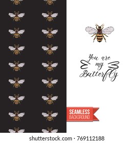 Greeting card with fashion embroidery or rhinestones insects. Decorated by black vector seamless pattern background with embroidered insects. Inscription: you are my butterfly.