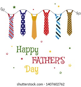 Greeting card for Father's Day with colorful ties hanging. Vector illustration