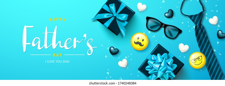 Greeting card for father's day. Decorative elements - Yellow emoji characters, tie, glasses, mustache and hearts on blue background. Vector illustration