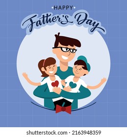 Greeting card for father's day, father hugging two children, boy and girl joyful with their father.
