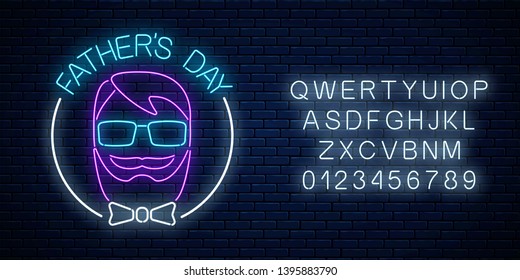 Greeting card to father's day in neon style with alphabet on dark brick wall background. Glowing sign to daddy's holiday from children. Vector illustration.