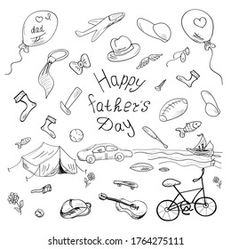 Greeting card Father's Day, a set of male toys, hand-drawn vector elements.