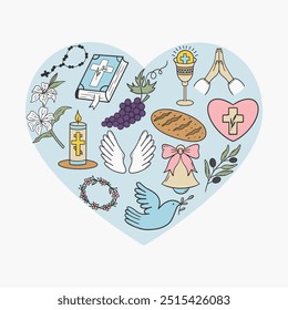 Greeting card featuring a blue heart with First Communion icons inside. Ideal for celebratory messages, invitations, or religious events.