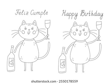 Greeting card featuring a funny cat with a bottle of wine and a glass of wine. Happy Birthday Spanish and English hand drawn lettering, black outline doodle illustration for coloring