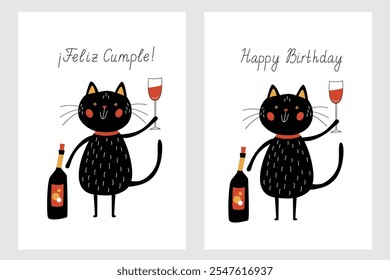 Greeting card featuring a funny, joyful black cat with a bottle of wine and a glass of wine. Hand drawn lettering with birthday greetings Happy Birthday in both Spanish and English. Minimalistic style