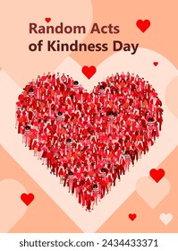 A greeting card featuring a large group of people in the shape of a red heart, encouraging people to do good deeds. This card is dedicated to Random Acts of Kindness Day.