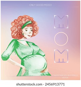 A greeting card featuring a pregnant woman tenderly embracing her belly, with eyes radiating joy and anticipation. The image conveys warmth and love, as well as a sense of coziness