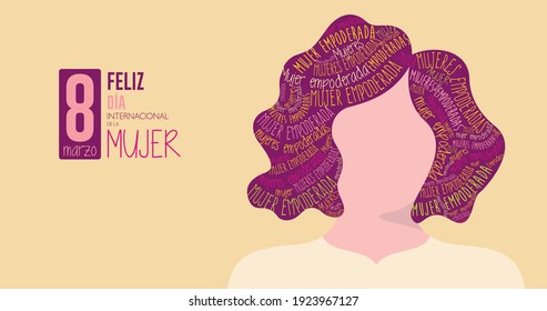 Tarjeta de saludo FELIZ DIA INTERNATIONAL DE LA MUJER - FELIZ DÍA INTERNACIONAL DE LA MUJER en español Silueta de mujer con pelo púrpura rellena de palabras EMPODERADAS MUJER con fondo amarillo