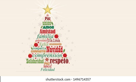 Greeting card of Feliz Navidad - Merry Christmas in Spanish language. Words forming a Christmas tree with a bright star on the tip on a white background with snowflakes. Word Cloud design