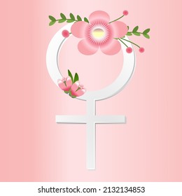 A greeting card with Female symbol and flowers on pink background