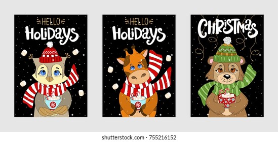 Greeting card with a festive animals. Merry Christmas hand drawn lettering.