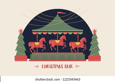 Greeting card with a festive merry-go-round with horses and garlands on christmas trees. Decorative composition is ideal for Christmas and New Year's cards, posters. Vector colorful illustration.