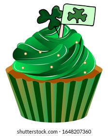 Greeting card with festively decorated cupcakes with clover for St. Patrick's Day. Banner, icon for celebration. Vector image for cafe, bar, cooking, restaurant.