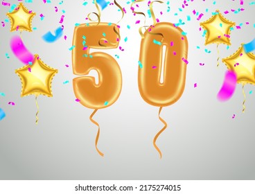 greeting card for fifty year Happy birthday number 50 in fun art style with party confetti. Anniversary invitation, congratulations or design