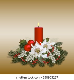 Greeting card with fir branches, christmas decorations, flowers and burning candle.