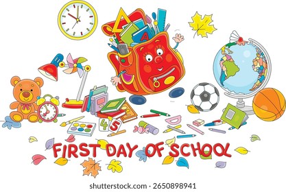 Greeting card for first graders with funny cartoony Schoolbag before start of school year, completing textbooks, exercise books, rules, pencils, pens and a globe for lessons in elementary school