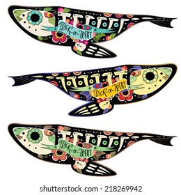 Greeting card with fishes skeletons with floral patterns. Colorfull fishes. Vector illustration 