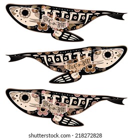 Greeting card with fishes skeletons with floral patterns. Fishes. Vector illustration 