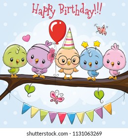 Greeting Card Five cute cartoon birds on a branch