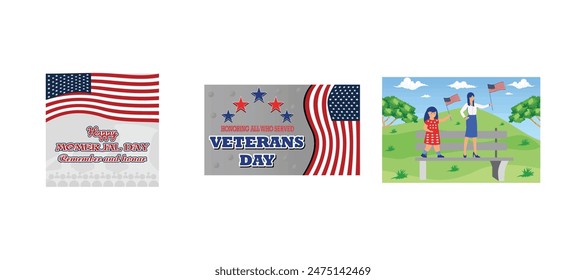 Tarjeta de felicitación con banderas y soldados. Feliz Día de los Veteranos concepto hecho de banderas estadounidenses. Un grupo de dos adorables niñitas sonriendo y ondeando una bandera estadounidense. Conjunto de ilustraciones modernas de Vector plano