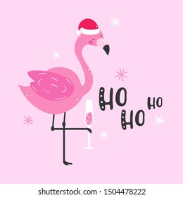 Greeting card with flamingo and champagne. Christmas background