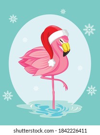 Greeting card with flamingo. Christmas background