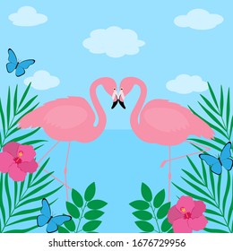 
Greeting card flamingo vector birds tropics flowers landscape sea sky