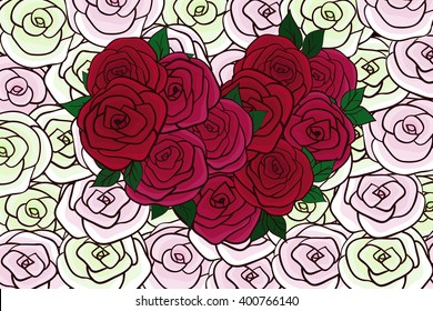 Greeting card with a flat cartoon heart of red roses on a background of roses pastel shades. Background from flowers. Hand drawn vector illustration.