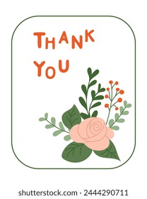 Greeting card with flat hand drawn abstract flowers. Vector colored composition isolated on white background with text Thank you. Unique print design for printout, poster, interior. Holiday concept