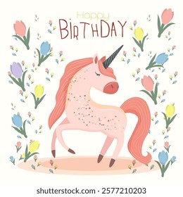 greeting card in flat style with a pink unicorn and flowers with the inscription happy birthday