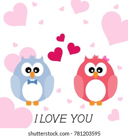 Greeting card flat style  two loving owls, happy birds..  Picture for t-shirt graphics for kids and other uses. Greeting card.