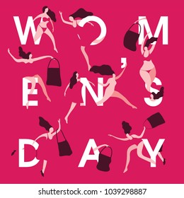 Greeting card. Flat vector illustration for International Women's Day. 8 March. Woman and girl run around with their purchases between letters. Banner for holiday. Gift for mother, sister, wife. 