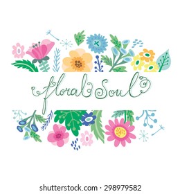 Greeting card of floral background and place for your text. Bright illustration, can be used as creating card, invitation card for wedding,birthday and other holiday and cute summer background.
