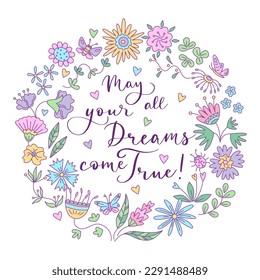 Greeting card with floral design and lettering in the round frame. Vector isolated color illustration in doodle style.