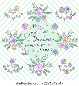 Greeting card with  floral design and lettering. Vector  color illustration in doodle style.