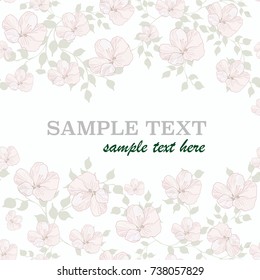 Greeting card Floral Design Pattern with Sakura Flowers and green leaves. Green background.