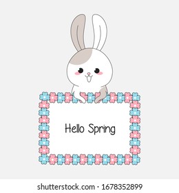 greeting card with floral frame and a cute rabbit