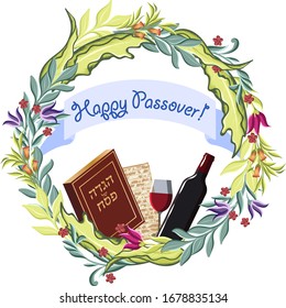 Greeting card with floral frame, Happy Passover jewish lettering, wine glass and matza, hand drawing vector illustration