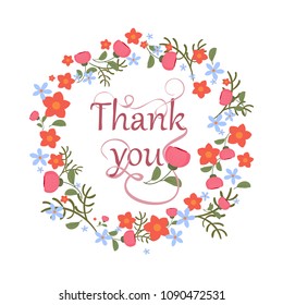 Greeting card with floral ornament and hand-written lettering Thank you Cute, bright background with flowers. Vector illustration.