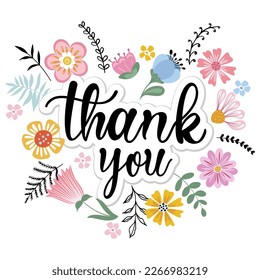 Greeting card with floral ornament and handwritten inscription "Thank you" Cute, bright background with cute flowers. 