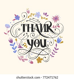 Greeting card with floral ornament and hand-written lettering"Thank you". Cute vector design