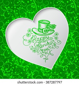 Greeting card with floral ornaments, framed in the form of hearts and an inscription "Happy St. Patrick's day"