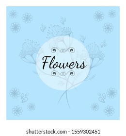 Greeting card with floral pattern. Handmade sketch. Blue background. Birthday, wedding, invitation, celebration