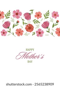 Greeting card with floral pattern and text on white background. Happy Mother's Day. Vector illustration for poster, invitation, card or fabric